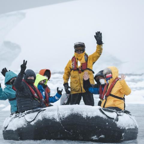 Zodiac and guests, Antarctica